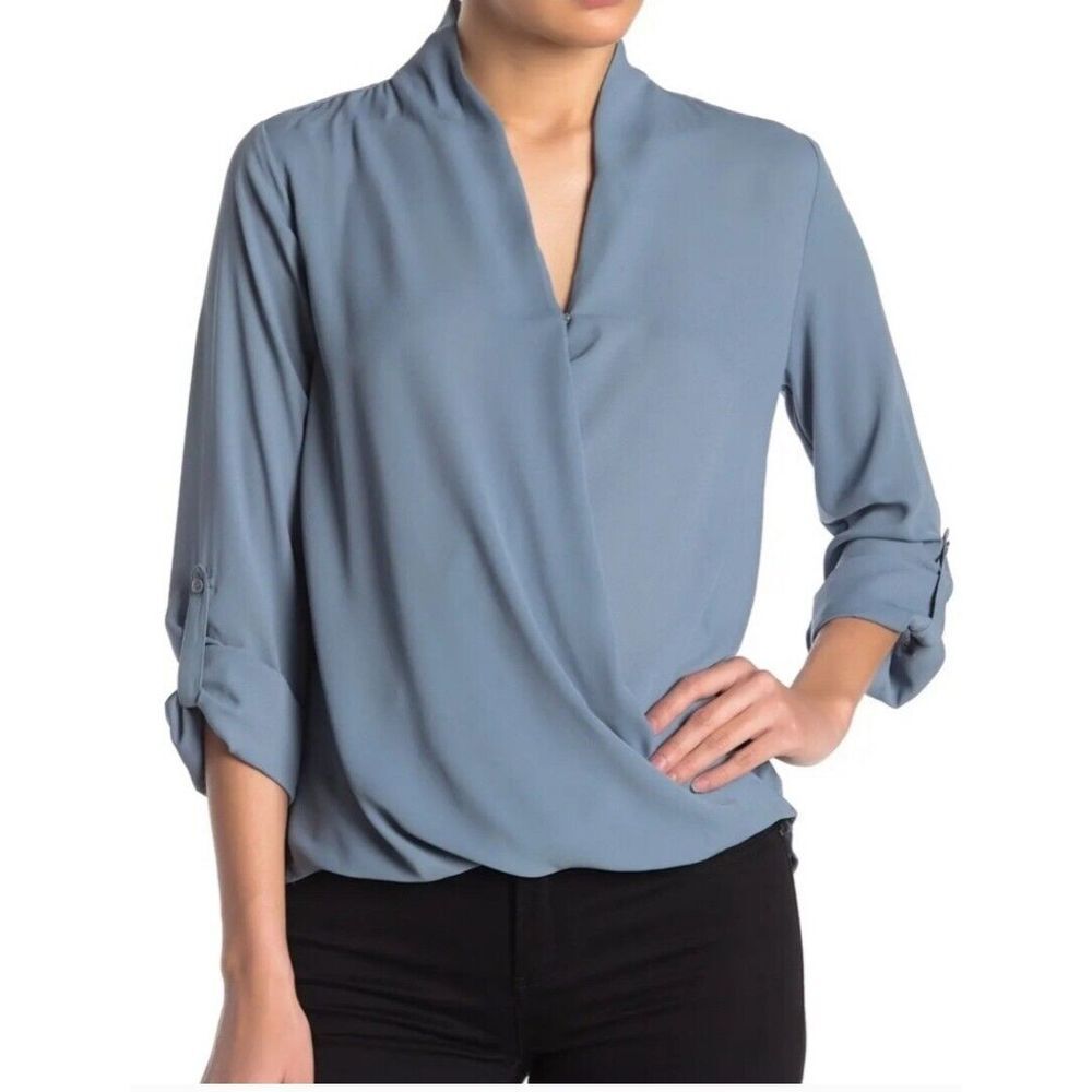 PLEIONE Solid Surplice High/Low Women's Blouse in Caspian Blue Gray Size XS